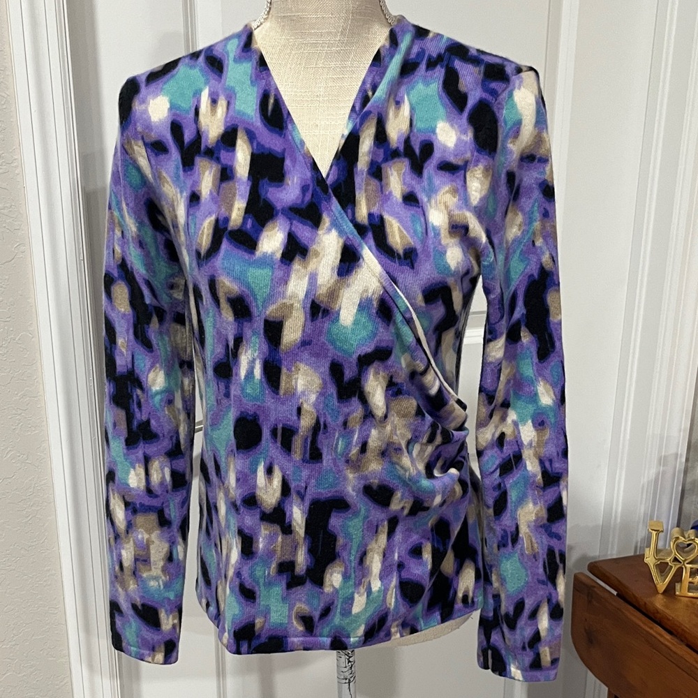 Anne Klein 100 % Cashmere Faux wrap Sweater Abstract Floral SZ L (12)